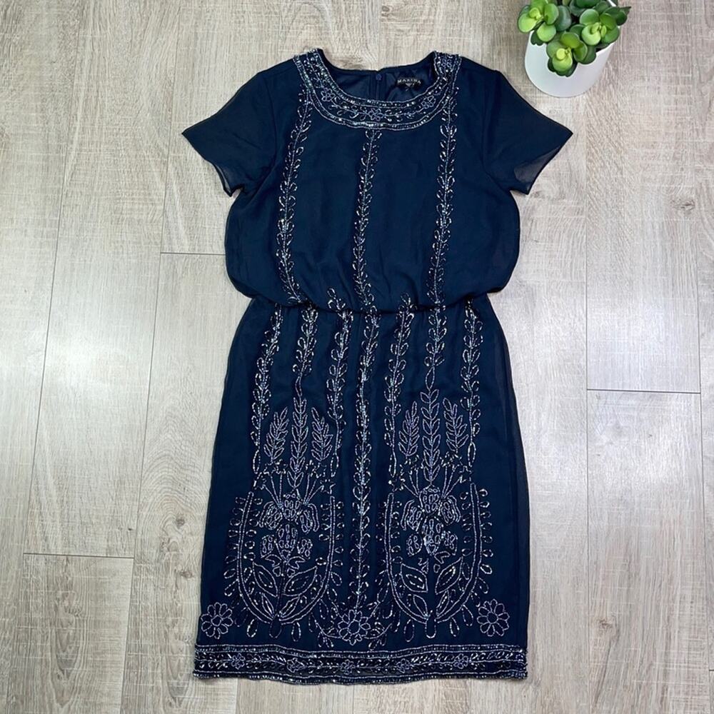 MARINA Women's Navy Blue Beaded Short Sleeve Blouson Mini Formal Dress
